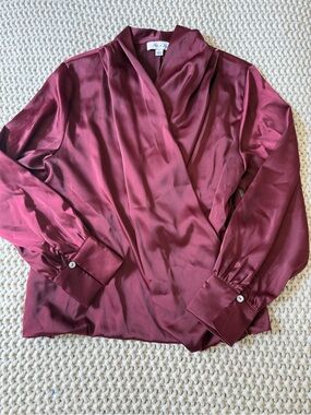 She Sky Satin Deep V-Neck Wrap Balloon Sleeve Blouse - Burgundy Size Large